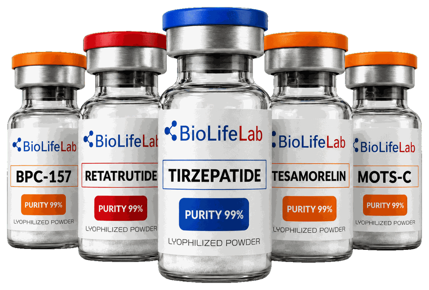 BioLifeLab vials: tirzepatide, retatrutide, BPC-157, tesamorelin and MOTS-C